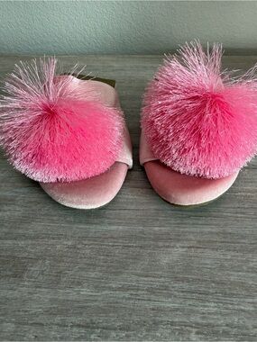 Rollasole Pink Pom Faux Velvet Open Toe Slides Slippers Shoes